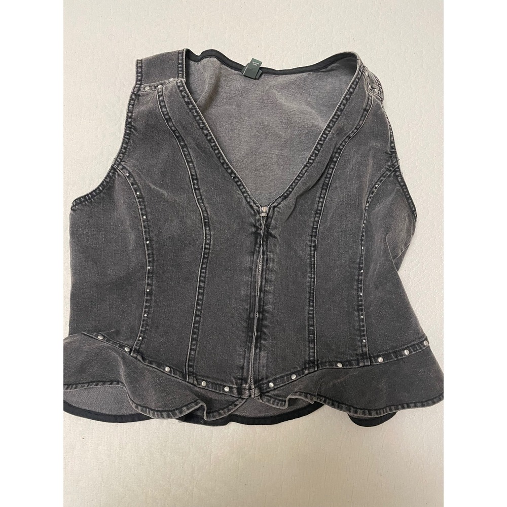Wild Fable Washed Black Denim Zip Front Peplum Vest Studded Large Womens